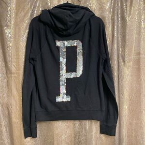 PINK Victorias Secret RARE Black Holographic Rainbow Sequin P Zip Sweater, Large